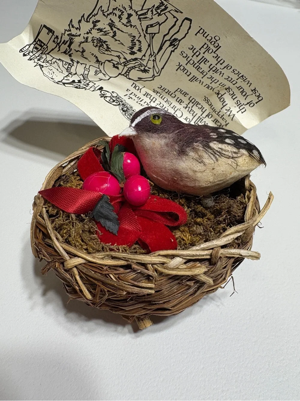Vintage Handcrafted Bird in nest Christmas Ornament Berries good luck German